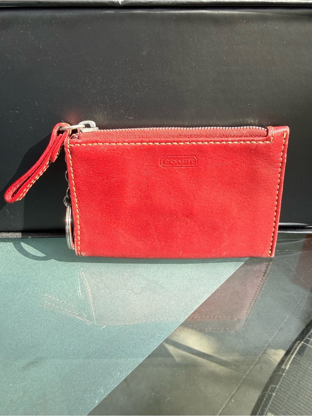 Coach Red Leather Zip Card Case with Keyring